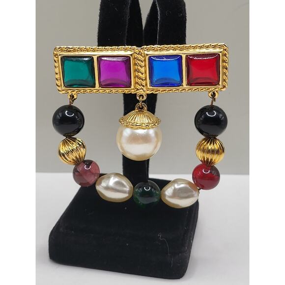 1980's Multicolor Cabochon Statement Brooch with Faux Pearls and Gold Tone Beads - Picture 1 of 7